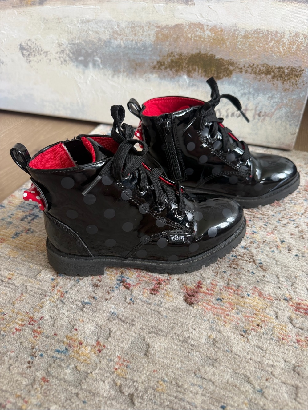 Disney Minnie Mouse Girls Black Polka Dot Combat Boots Size 11